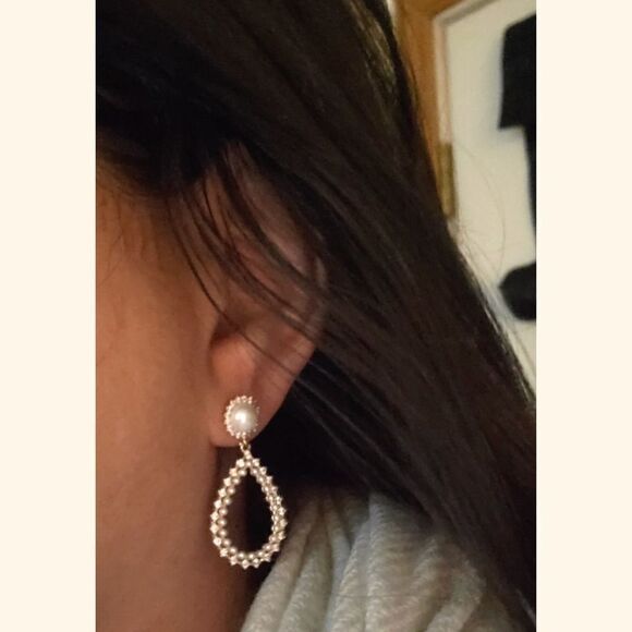 White Pearl Dangle Earrings 14k Gold / Sterling Teardrop Earrings Pearl Earrings - Picture 3 of 4